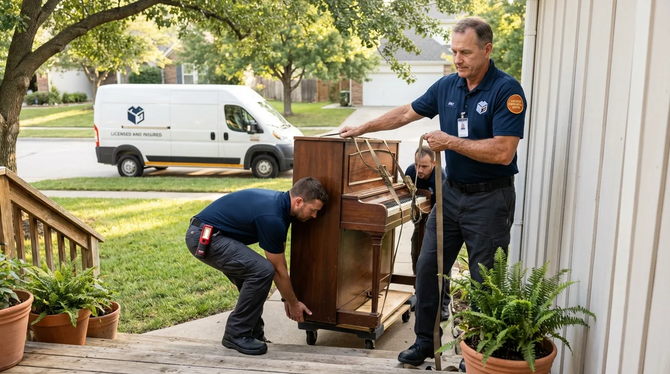 Licensed piano movers securing grand piano in Bessemer, MI