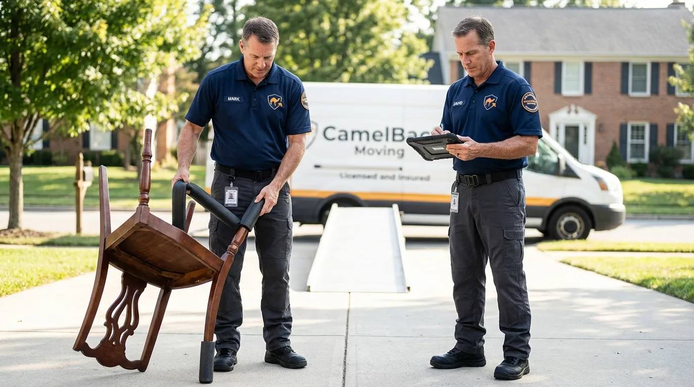Movers inspecting furniture for damage prevention before loading in Bessemer, MI
