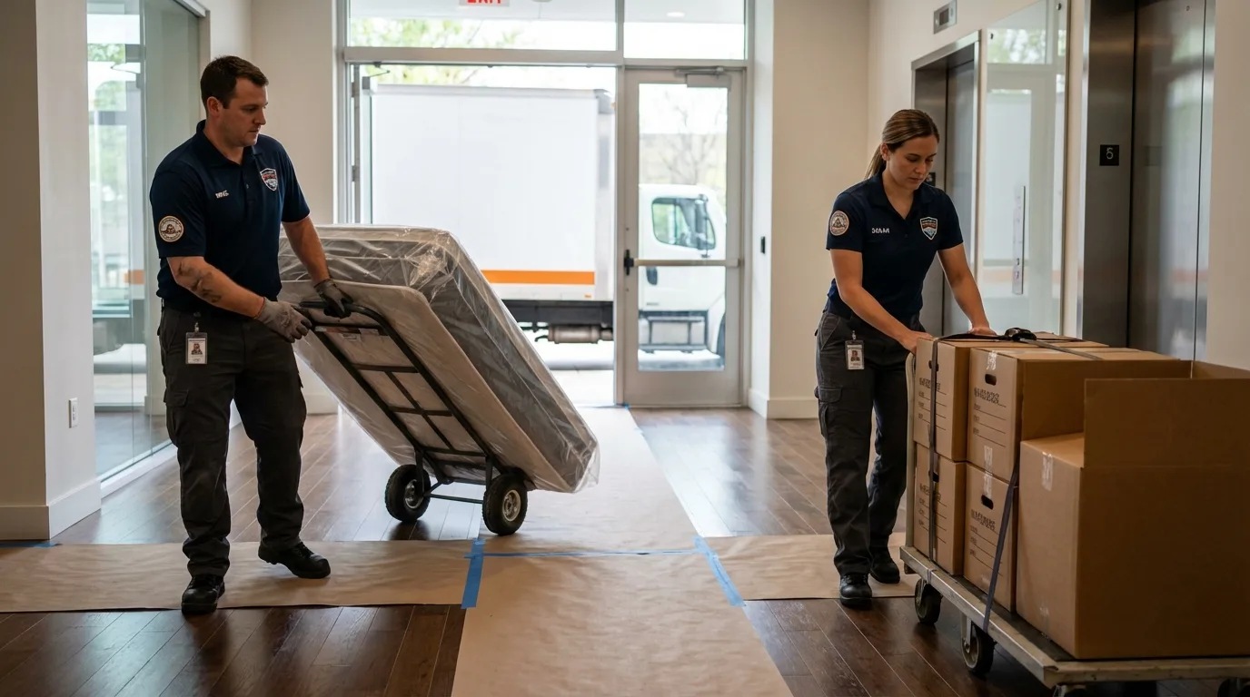 Professional apartment movers loading elevator in Bessemer, MI