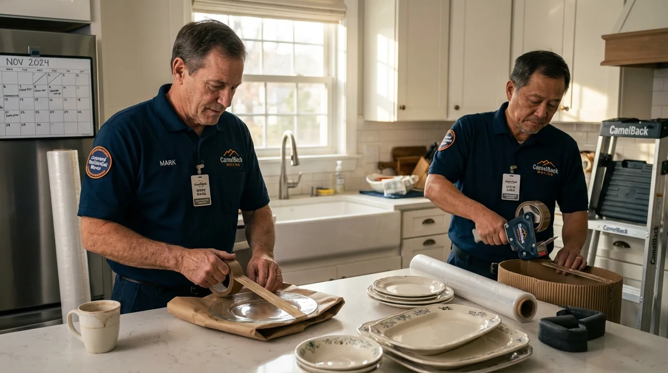 Professional crew packing kitchen dishware in Bessemer, MI